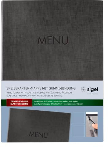 SIGEL Speisekartenmappe A4 mit Gummibindung Anthrazit | SM206, Leinenstruktur, robust und leicht zu reinigen