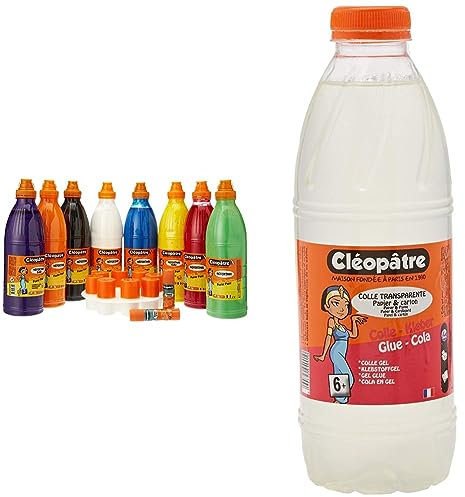 Cléopâtre PGBB1x8+PAL Peinture gouache bébé et enfant + pinceaux pochoirs, Assortiment 8 couleurs, 8 x 1 L, Set de 8000 Pièces Colle transparente - Flacon de recharge au format de 1 kg