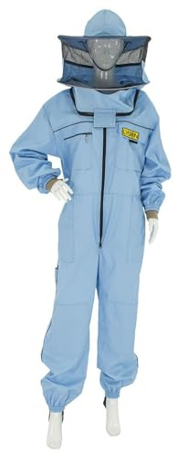 LYSON Imkeranzug mit Schleier, Bündchen an den Ärmeln und Beinen Imkeroverall Professionelle Imkerbekleidung mit abnehmbarem Hut, abnehmbarer Mütze Blau Grösse XL