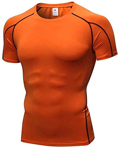 POIHIDE Men's Compression Shirts Short Sleeve Workout Gym T-Shirt Running Tops Quick Dry Sports Base Layer Athletic Undershirts Orange