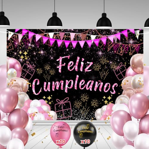 Pancarta Feliz Cumpleaños 110x180cm + 20 Globos | Cartel Decoración Fiesta Adulto Hombre Mujer | Photocall Cumpleaños Rosa | Telón Fondo con Cuerda | Adornos y Decoración