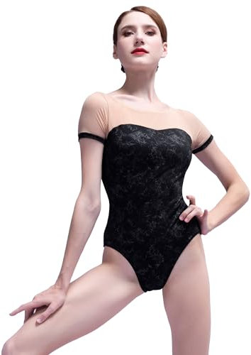 flexdans Ballett Trikot Damen, Kurzarm Rückenfrei Tanzbody,Ballerina Gymnastikanzug Mesh Tanztrikot mit BH-Pad D020-Black-S