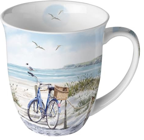 Ambiente Tasse Sommer Fahrrad mit Korb am Strand aus Porzellan. Motivtasse für den gedeckten Tisch und als Geschenk 0,4L x H10,5cm