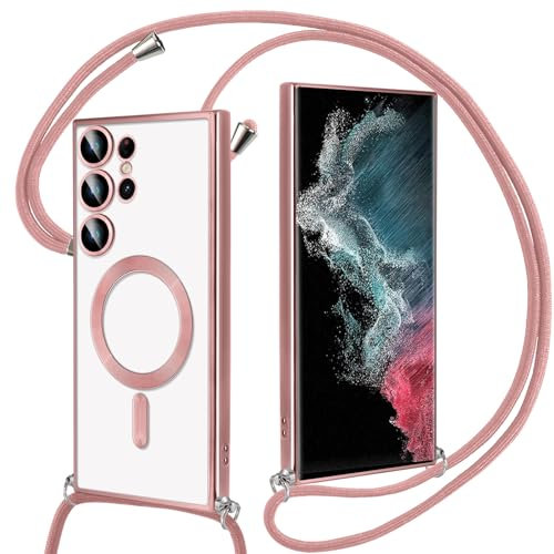 Oelrstfe Coque Magnétique pour Samsung Galaxy S22 Ultra 5G avec Cordon, Transparent Housse Étui Compatible avec MagSafe Case avec Collier Lanyard Ultra Mince Souple TPU Silicone Camera Antichoc, Rosa