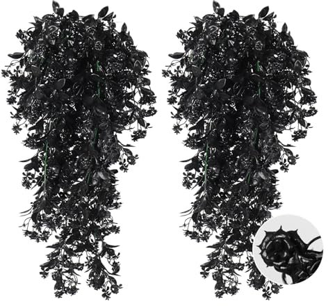 RECUTMS Hanging Artificial Plants Faux UV Resistant Flowers Bulk Outdoor Plastic Greenery for Party Home Wall Bedroom Window Planter Outside Decor Pack of 2 (Black)