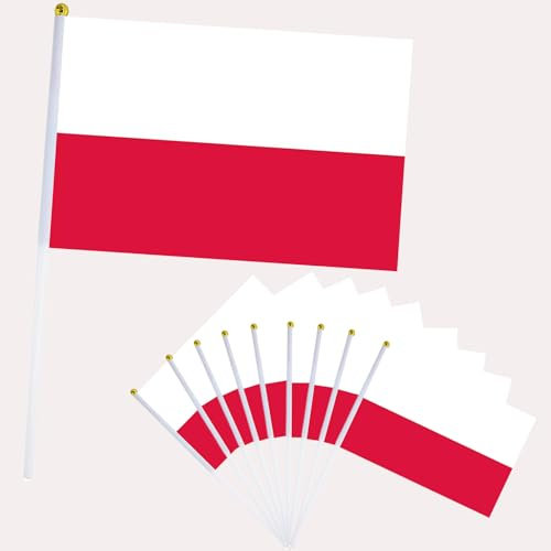 10er Polen Flagge Klein Polen Fahne 21x14cm,Oly Flagge Polen Handflagge Polen Fanartikel Mini Polnisch Handgehaltene Flaggen für Oly Deko 2024,Euro Fußball Party EM Deko 2024