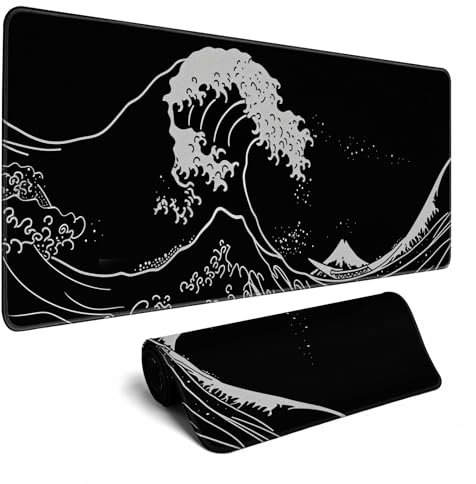 Japanese Sea Wave Gaming Mouse Pad Kanagawa Black Desk Mat Kawaii Mousepad Mouse Pad, Extra Large Deskmat Cut Laptop Mouse Pads Decor