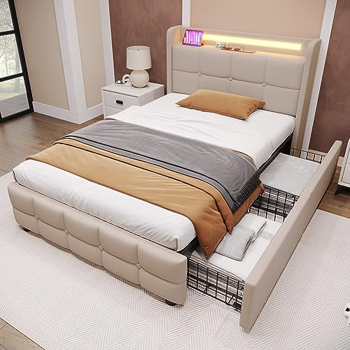 Bett 90x200 mit LED und USB, Polsterbett 90x200cm mit 2 Schubladen und Kopfteil, Einzelbett mit Stauraum und Lattenrost aus Holz, Stauraumbett Jugendbett Modernes Bettgestell -Beige
