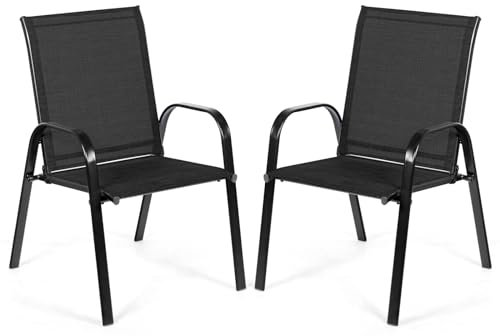 COSTWAY 2er Set Gartenstühle mit Armlehnen, Terrassenstühle aus Textilene und Metallgestell, Balkonstühle bis 200 kg belastbar, für Garten, Balkon, Poolbereich, 56 x 72 x 90 cm (Schwarz)