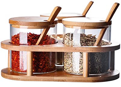 3 PCS Spices Jar Set Glass Seasoning Bottle Display Box Condiment Box Salt Pepper Sugar Coffee Bean Storage Bin Spoon Tray