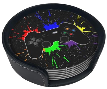 Game Joystick Gamer Cool Splash Untersetzer für Getränke, runder Leder-Untersetzer mit Halterung, 6 Stück, für Tischschutz, Schreibtischzubehör, Büro, Zuhause, Raumdekoration