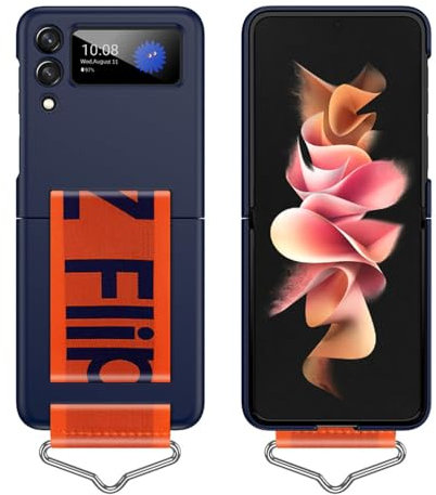 Case for Samsung Galaxy Z Flip 4 5 5G Z Flip 3 Hand Strap Phone Case Silicone Shockproof Protective Cover with Ring for Flip3 Z3,Dark Blue,For Samsung Z Flip 5