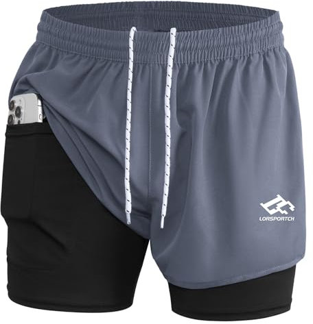 LORSPORTCH Herren Laufshorts 2 in 1 Shorts Gym Athletic Shorts Outdoor Marathon Workout Trainingsshorts Mit Eingebaut Taschen Grau XL