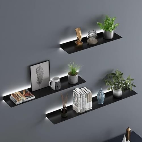 1 Stück schwebende Bücherregale aus Metall mit eingebautem beleuchtetem LED-Licht, moderner Beleuchtungs-Organizer zur Wandmontage, kreatives Wandregal für Schlafzimmer, Küche, Badezimmer, Schwarz,