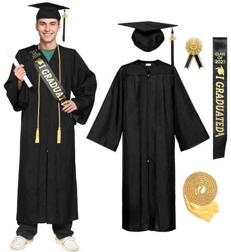 Joyesplay Abschluss Talar mit Doktorhut und Quaste 2025,6 Stück Abschlusskleid Schwarz mit Bachelor Hut Quasten 2025 für Bachelor Master Doktor (Schwarz, 48)