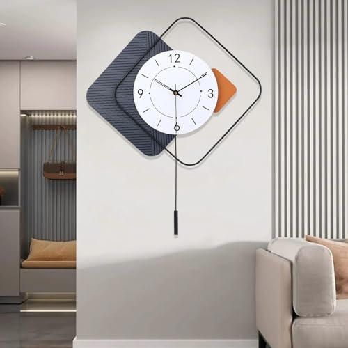 Coslife Große Dekorative Wanduhr mit Pendel für Wohnzimmer, Metallzeiger, Orangefarbenes Weißes Zifferblatt, Leises Metall, Schwarz, 48,3 x 61 cm
