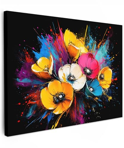 MuchoWow© Impressions sur Toile 70x50 cm Deco Tableau Murale Decoration Salon Peinture Tableaux Chambre Toiles Maison Fleurs - Coloré - Graffiti - Moderne - Bouquet
