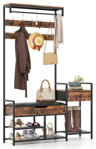 COSTWAY Coat Rack with Shoe Storage and Side Table, Freestanding Hall Tree Coat Stand with Lift-Top Bench, 12 Hooks, Drawer & Shelves, Industrial Clothes Hanger Unit for Hallway Entryway, Rustic Brown