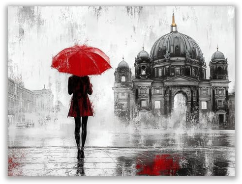 HOQIU schwarz weiss bilder, Zeichnung einer Frau mit einem roten Regenschirm bilder auf leinwand, für Wohnzimmer, Schlafzimmer, Büro, drinnen wandschmuck - 30x40cm Ungerahmt(rot)