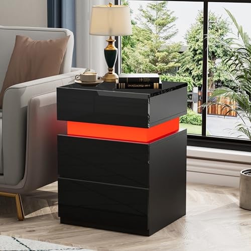 Lvhcmfohm Nachttisch mit LED, Nachtschrank mit LED-Beleuchtung 25 Lichtfarben, Sofatisch 3 Schubladen Hochglanz, Kabelführung, Nachtkästchen Weiß, 35x40x55cm, Schwarz