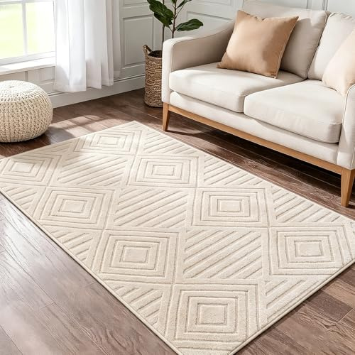Capslpad Teppich Läufer Flur 80x150cm Beige Modern Waschbar Küchenläufer Teppich 3D Geometrie Hoch Tief Effekt rutschfest Teppiche für Wohnzimmer Schlafzimmer Eingang