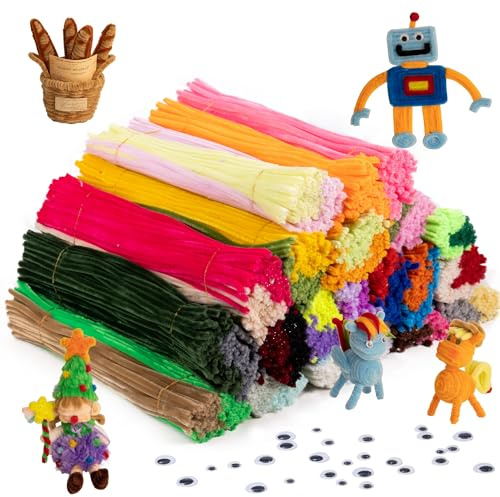 Caydo 1800 Stück 40 Farben Pfeifenreiniger Craft Supplies mit 100 Stück Wiggle Eyes Soft Chenille Stiele für Kinder DIY kreative Kunsthandwerk Dekoration, 6 mm x 12 Zoll