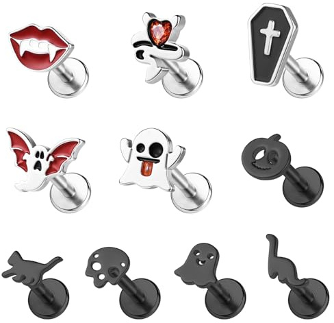 BodyAce Halloween Flat Back Ohrringe 16g Vertikale Lippenpiercing Gothic Schwarz Labret Studs Kürbis Conch Tragus Ringe Geist Schädel Helix Piercing Halloween Schmuck, 16G (1.2mm), Edelstahl Zirkonia