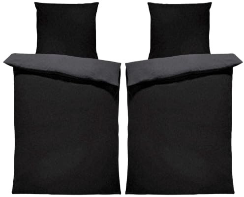 one-home Winter Bettwäsche Doubleface Uni Wende kuschelig flauschig warm weich Fleece, Größe:4 teilig 155x220 cm, Farbe:schwarz/anthrazit