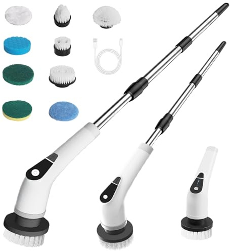 Auveach Electric Spin Scrubber Cordless Electric Cleaning Brush with 9 Replaceable Heads 5 Speed Adjustable 320-470RPM/Mins IPX6 Waterproof with Extendable Handle Adjustable for Bathroom Kitchen Car