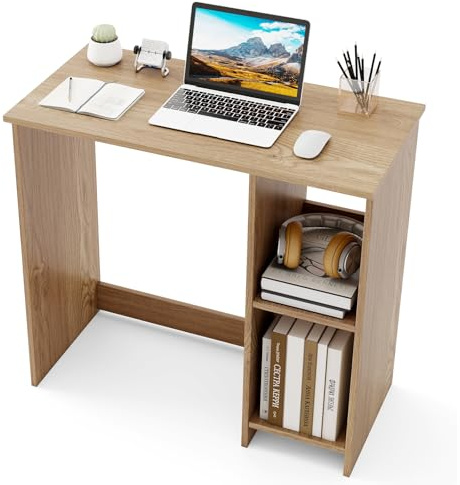 FANTASK Schreibtisch mit 2 Fächern, Klein Computertisch mit Stauraum, PC-Tisch, Arbeitstisch für kleine Räume, 80 x 40 x 74 cm (Natur)