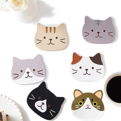 Lawen Creative 6 Stück Silikon Katze Tischuntersetzer Dekorative Glasuntersetzer rutschfest Hitzebeständige Glas Untersetzer für Tisch