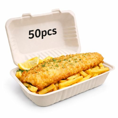 Ruiyang Biodegradable Sugarcane Clamshell Food Boxes 9 x 6 Inch – Pack of 50 | Compostable Bagasse Takeaway Containers | Eco-Friendly, Leak Resistant, Heavy Duty Disposable Meal Boxes (9x6 50 Pack)