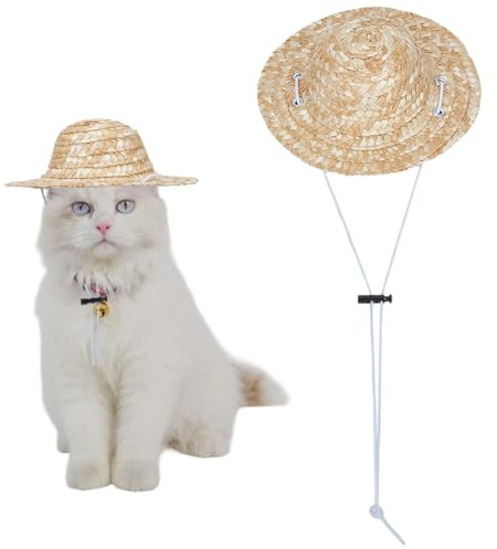 GORGECRAFT Chapeau de paille pour chien, été, plage, extérieur, jardin, fantaisie, réglable, pour animal de compagnie, chiot, petit chaton, chat, chapeau de soleil tricoté avec sangle élastique pour
