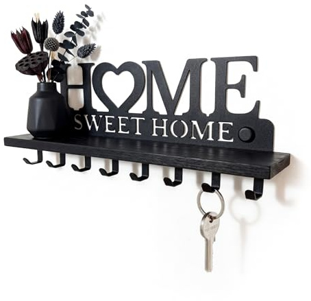 SirHoldeer Schlüsselbrett mit Ablage aus Schwarzem Eichenholz & Metall | Wandorganizer mit 8 Haken für den Flur | Home Sweet Home Design zur Wandmontage
