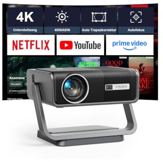 Smart Beamer 4K 【Offiziell APPs & Dolby Audio】 4200 ANSI LED Video Projektor, Autofokus & Trapezkorrektur, VISSPL 1080P Full HD WiFi6 Bluetooth Heimkino/Outdoor Beamer mit Drehständer für Handy/PC
