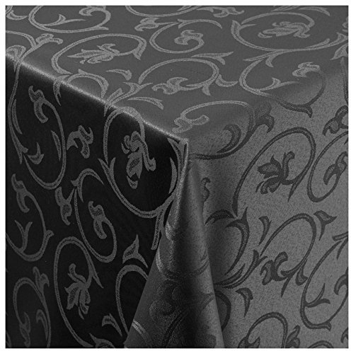 Tischdecke Damast Stoff Barock Tulpen Tischtuch Bügelarm rund 220 cm in Schwarz mit umgenähtem Rand Premium Qualität