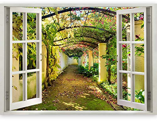 murando – 3D ILLUSION D'OPTIQUE – 140x100 cm Papier peint intissé – Tableaux muraux – Déco – Vue depuis la fenetre – Nature Jardin Fleurs
