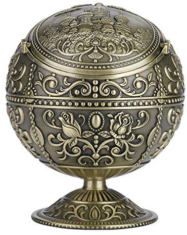Samfox Aschenbecher Ball, Vintage Windproof Aschenbecher mit Deckel Metall Runde Kugel gestempelt Muster Dekoration(Antikes Messing)