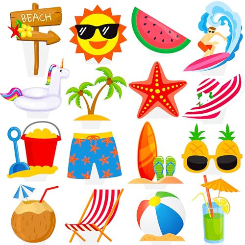 36Pcs Hawaii Theme Party Decoration,Summer Pool Beach Party Cupcake Topper Glitter Beach Ball Watermelon Umbrella Sun Water Slippers Goggles Cupcake Toppers for Summer Birthday Tropical Luau Hawaiian