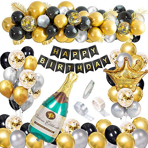 SLRMKK Champagnerflasche Luftballons Partydekorationen, Schwarz und Gold Alles Gute zum Geburtstag Banner Champagnerfolienballons für Geburtstagsdekorationen, Verlobungsdekorationen, Weihnachten, Hoc