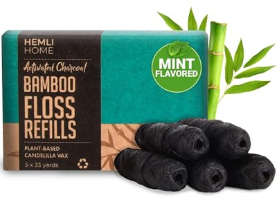 Bamboo Charcoal Dental Floss Refills, Bambo Woven Fibres, 5 x 33 Yards, Organic Refillable Dental Floss, Natural Floss, Eco-Friendly Floss. Plant-Based Candelilla Wax Floss with Natural Mint Flavoring