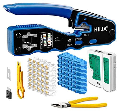Hiija Pinza Crimpatrice RJ45 Passante per 8P8C Connettori Ethernet Cat6, Cat5, Cat5e con 50 x Connettori RJ45 CAT6, 50 x Coperture RJ45,Tester Cavi di Rete, Pinze Spelafili