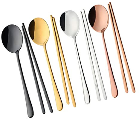 4 Ensemble Cuillère Ensemble 4 Couleur Réutilisable en Métal Inoxydable en Acier Coréen Cuillère Ensemble Pique- Couverts