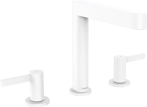 hansgrohe 3-Loch Waschtischarmatur Finoris, Wasserhahn Bad mit Auslauf Höhe 160 mm, mit Push-Open Ablaufgarnitur, Badarmatur wassersparend, Mattweiß