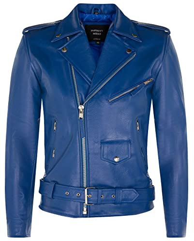 Infinity Leather Giacca da Motociclista da Uomo in Pelle Blu con Logo Brando L
