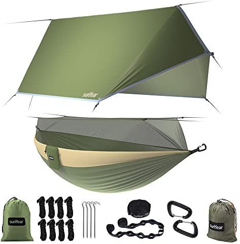 Sunyear Camping-Hängematten-Hängematten mit Netz und Regenfliegenplane, tragbar, Einzel- und Doppelbett, leicht, Nylon, Fallschirm-Hängematte mit Hängematten-Baumgurten für Rucksackreisen, Wandern,