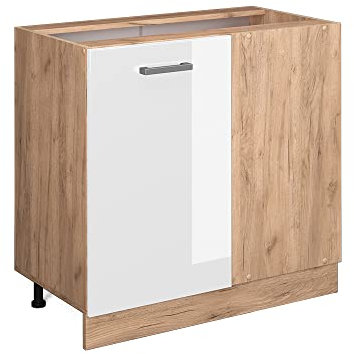 Vicco Eckunterschrank R-Line, Weiß Hochglanz/Goldkraft Eiche, 86 cm ohne Arbeitsplatte