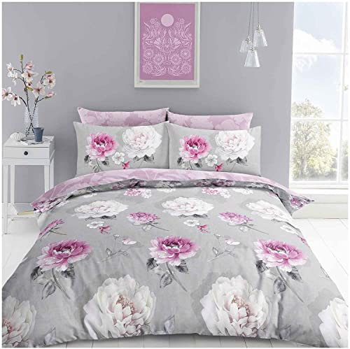GC GAVENO CAVAILIA Ultra Soft Polycotton Floral Duvet Cover King Size, Breathable Rose Fitted Sheet, Flower Quilt Covers With Pillowcases, Grey/Blush Pink
