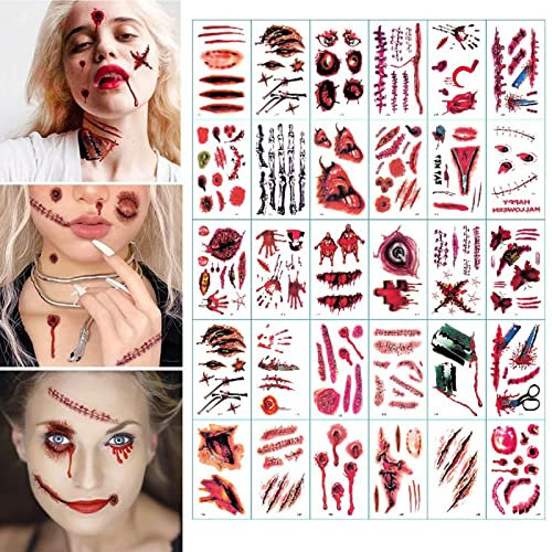 30 x Halloween Scary Tattoos Stickers with Fake Scab Blood, Zombie Scars Tattoo, Temporary Tattoos Face Stickers, Halloween Costume for Women Makeup Props