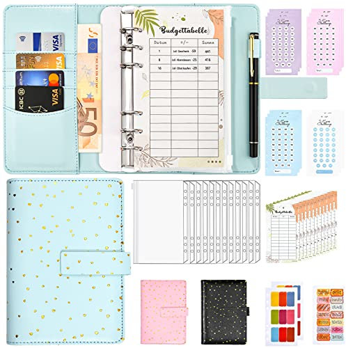 Budget Planner Deutsch - A6 Budget Binder Ringbuchordner Geld Organizer Sparen - Finanzplaner Cash Stuffing Haushaltsbuch mit Geldfacher - Sparbuch mit Folien für Sinking Funds